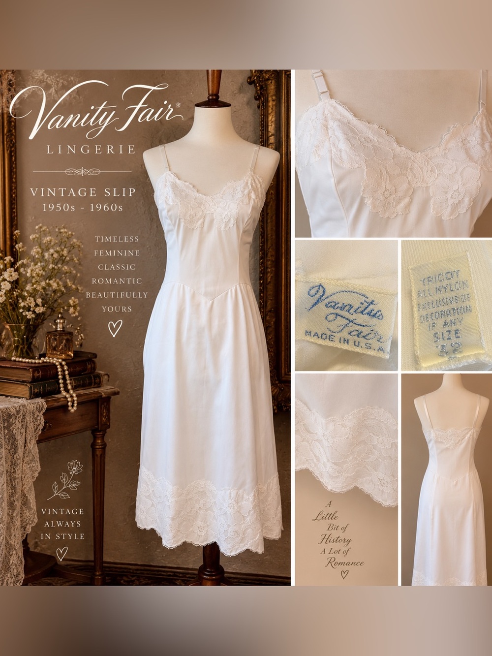 Vintage 1950s–60s Vanity Fair Ivory Lace Slip | Nylon | Size 32